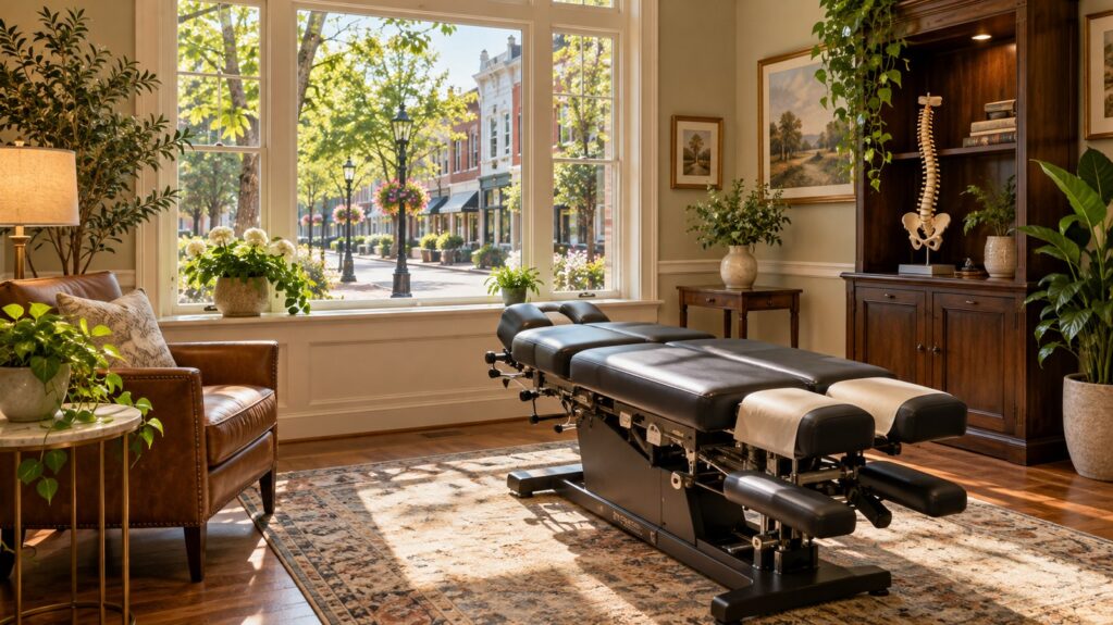Empty, sunlit chiropractic treatment room with an adjustment table, a spine model and plants, with a quiet brick-sidewalk main street through the window (illustration)