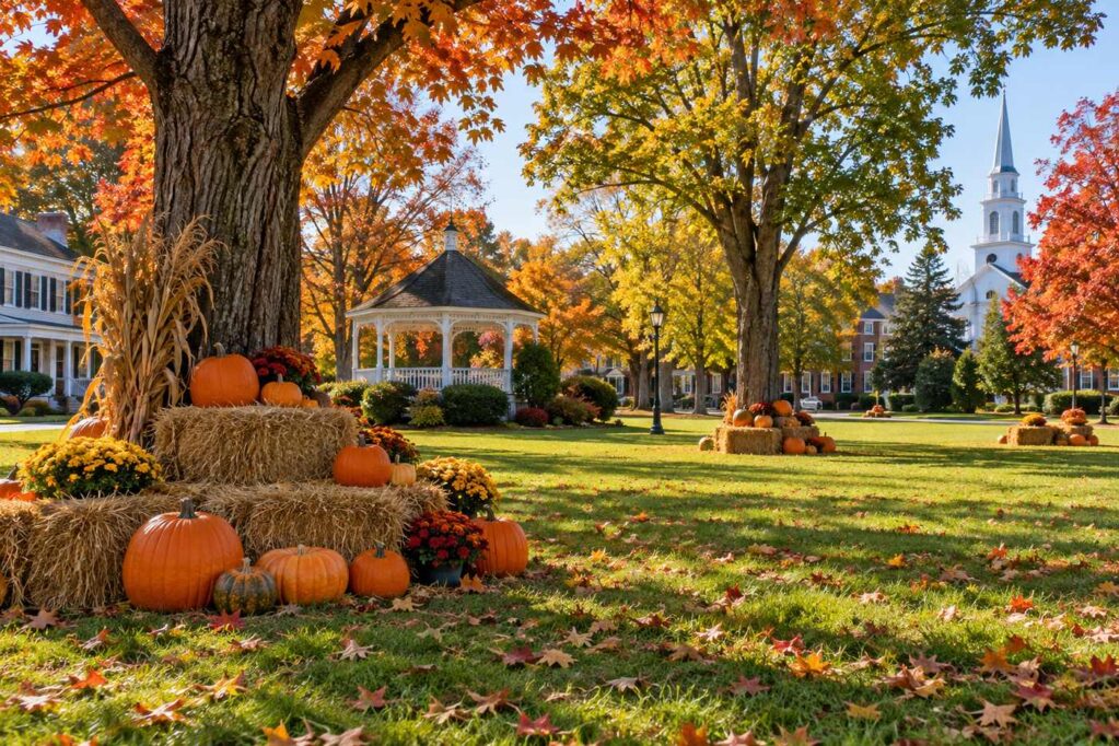 Pumpkins and hay bales on a village green in autumn