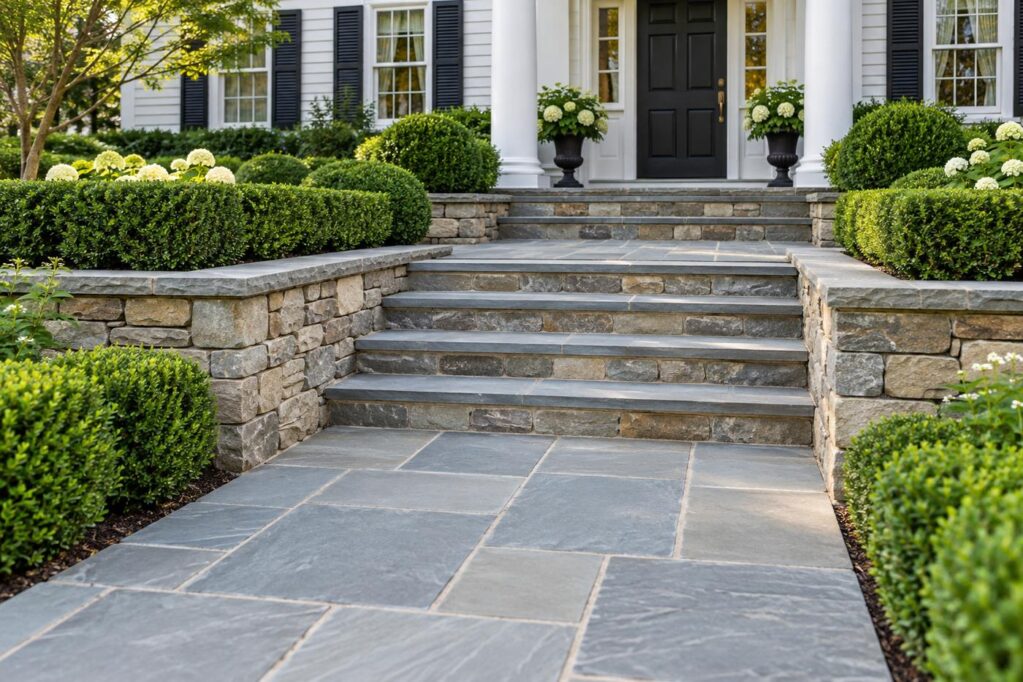 Bluestone entry walkway and wide steps between tumbled-stone retaining walls and clipped boxwood at a colonial home entrance
