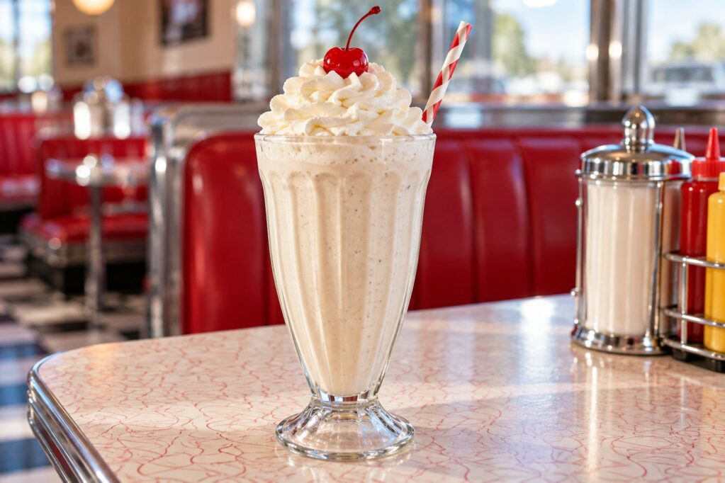A milkshake with whipped cream and a cherry on a retro diner table