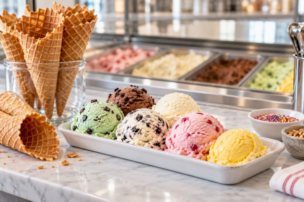 Waffle cones and ice cream scoops on a counter