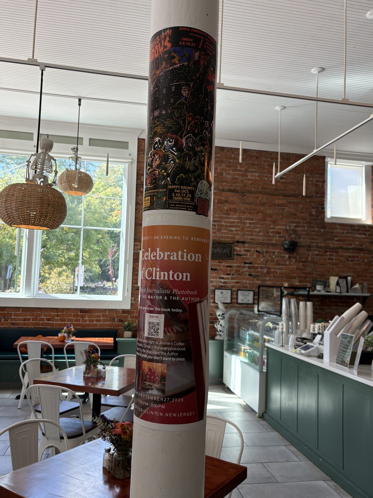 Jimmy's Coffeehouse, Clinton - a skeleton hanging from a wicker pendant light over the tables
