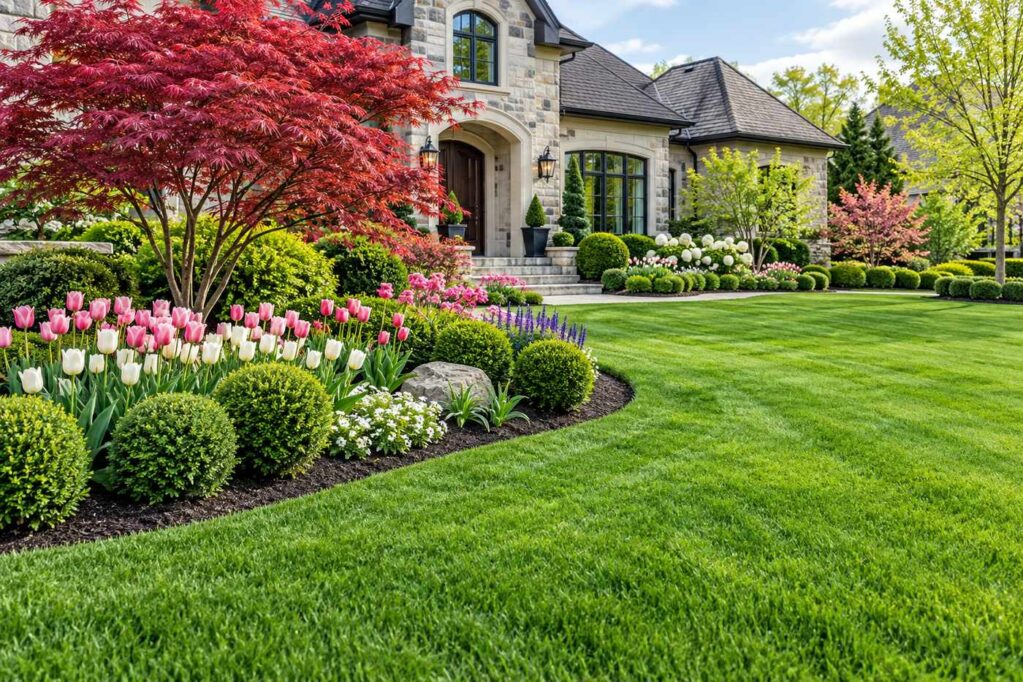 Manicured lawn with a rounded border of tulips and boxwood and a red Japanese maple in front of a stone house