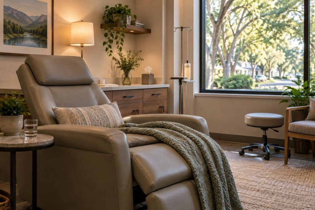 A reclining chair with a soft blanket in a bright recovery room with a leafy window