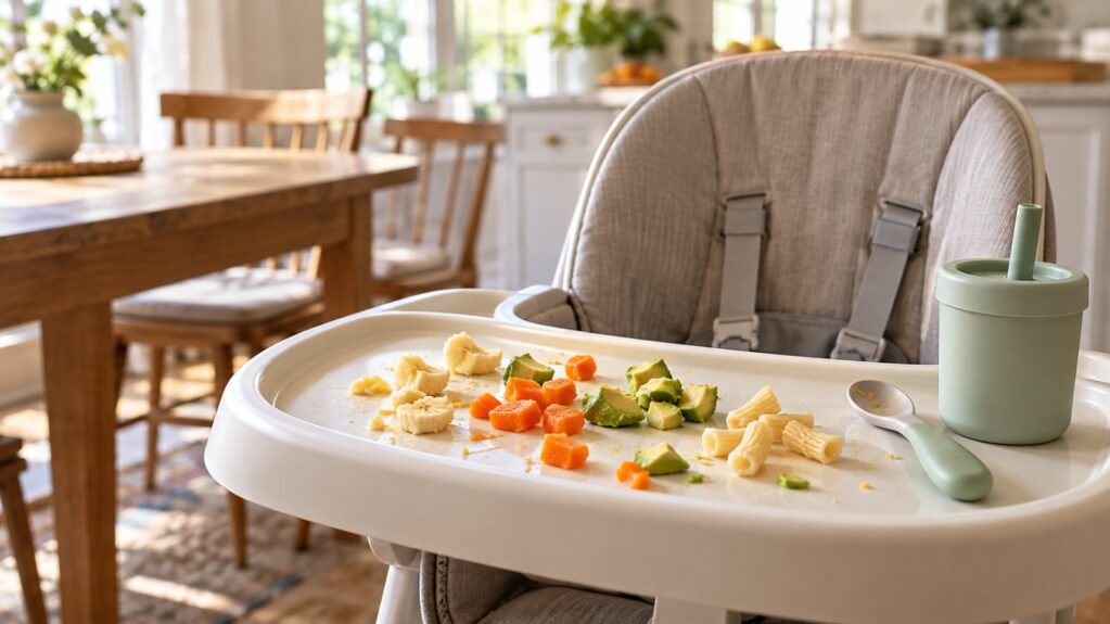 An empty high chair at a family table, its tray scattered with small pieces of banana, carrot, avocado and pasta beside a toddler spoon and straw cup