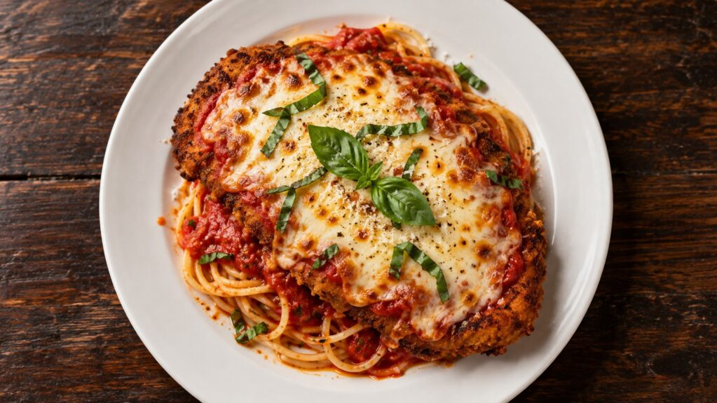 Illustrative image: a plate of chicken parmigiana with melted mozzarella, red sauce and basil over spaghetti on a wooden table (illustration, not a Saly G’s photo)