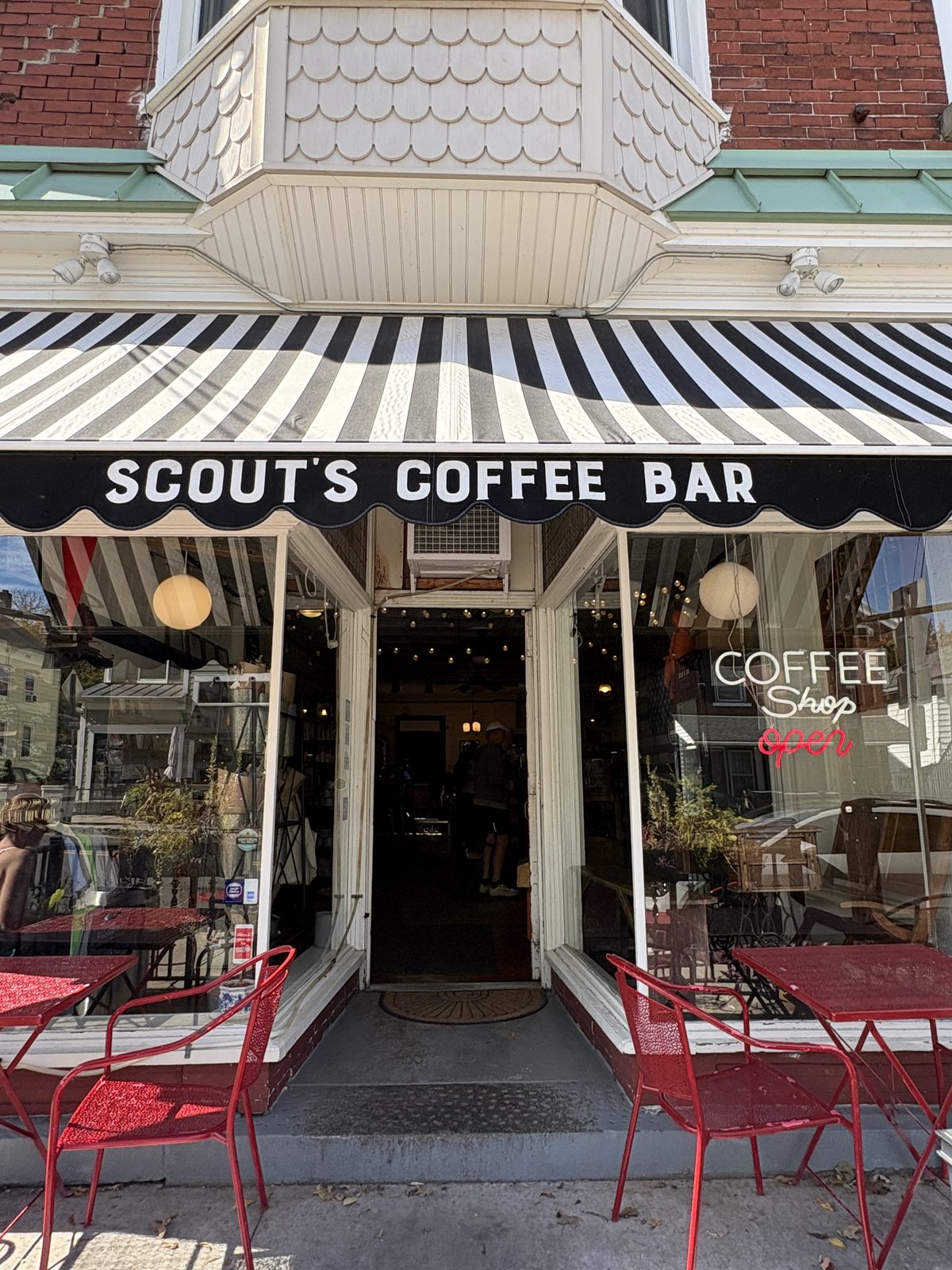 Scout's Coffee Bar + Mercantile, High Bridge - Scout's striped awning and sidewalk tables out front
