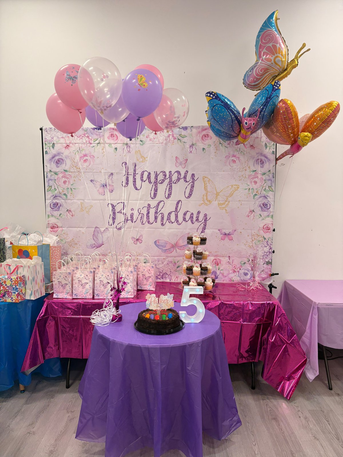 Butterfly-themed birthday party setup at Space Play Academy, Hillsborough NJ