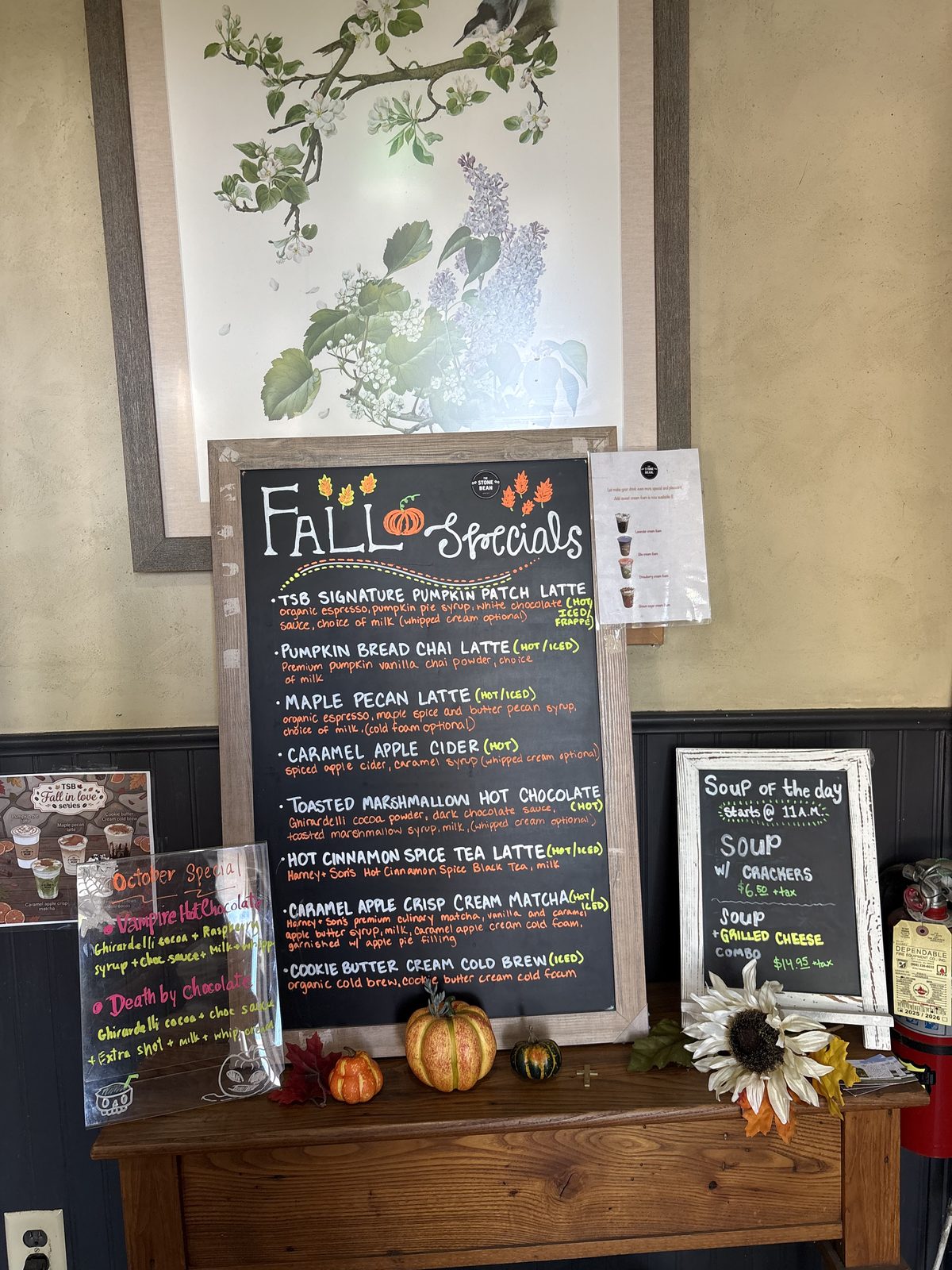 The Stone Bean, Clinton - the Fall Specials chalkboard menu with a matcha latte listed