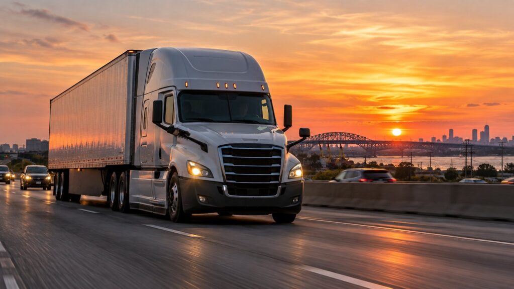 A tractor trailer driving on a highway at sunset